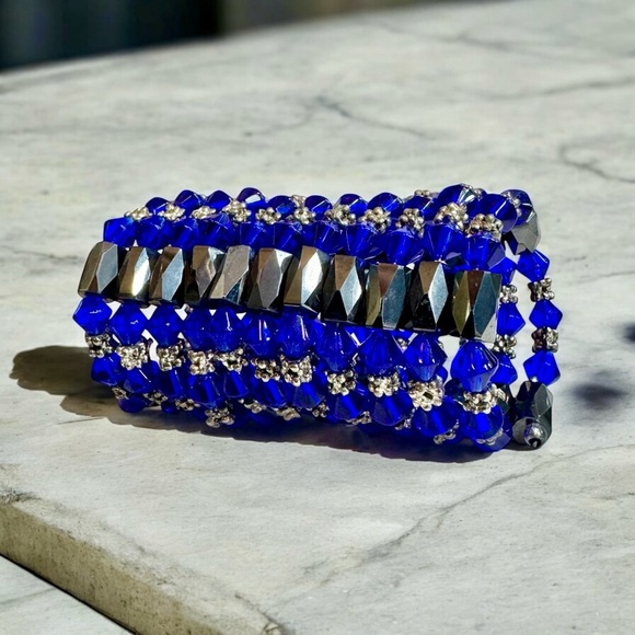 Magnetic Hematite & Royal Blue Bicone Crystal Bead Wrap Bracelet - Picture 6 of 9
